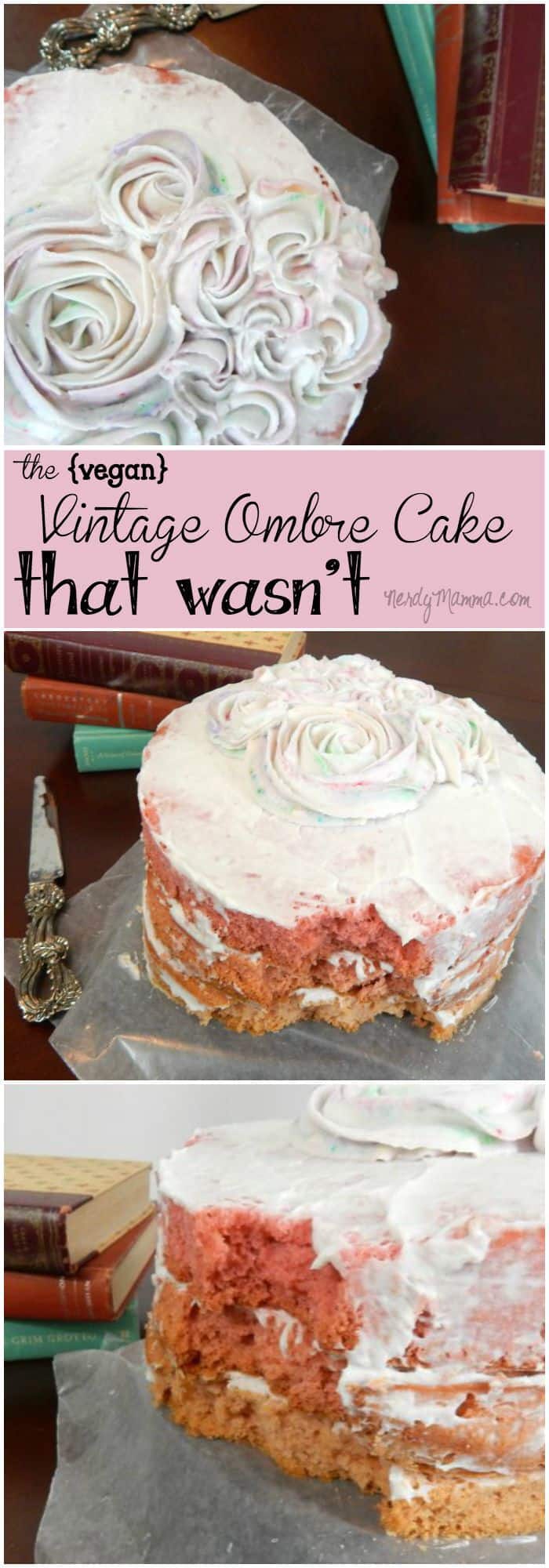 My son ruined my layer cake. I was not impressed. It was the cake for my daughter's birthday--a vintage ombre cake without eggs or dairy. I almost cried (ok, I did).