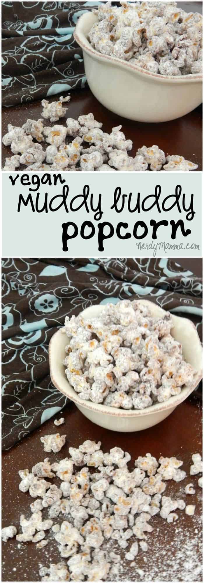 This popcorn recipe is the perfect vegan alternative to muddy buddies! Dairy-Free and Nut-Free, it's so good...