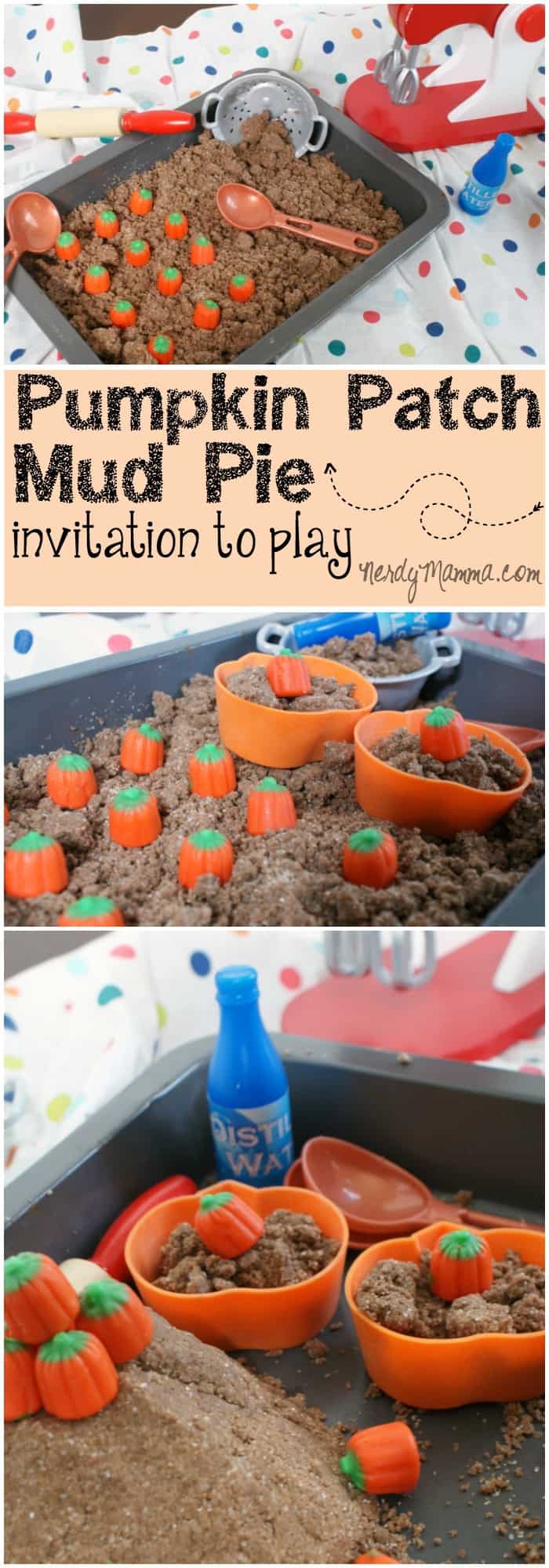 My kiddos were so excited to find this pumpkin patch mud pie invitation to play on the table. They had so much fun making edible chocolate play dough mud pies and playing with the mini pumpkins!