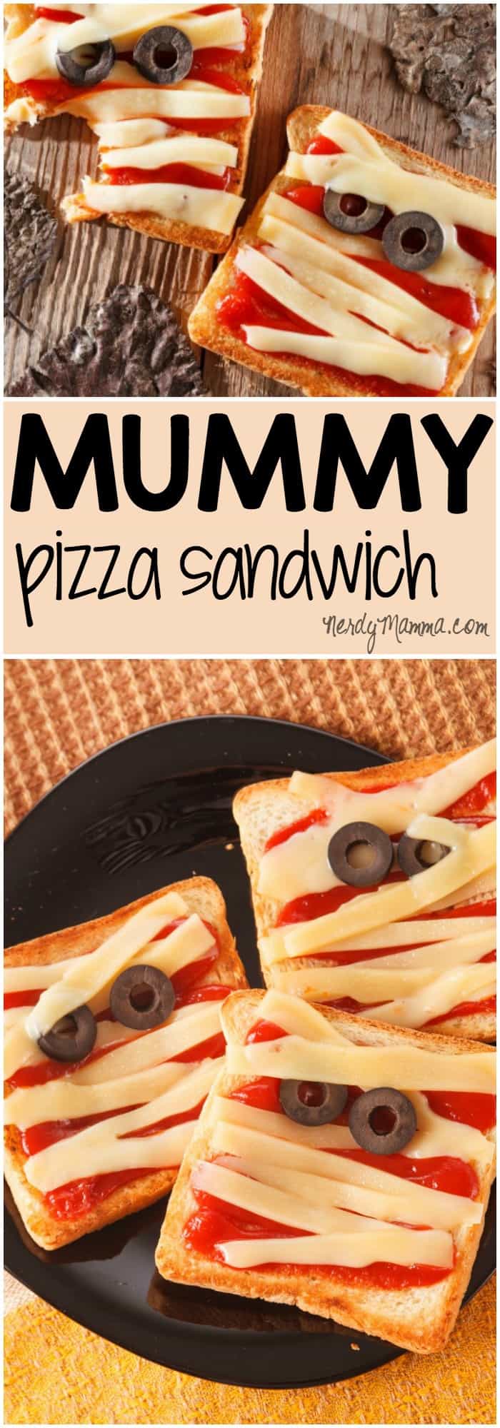 My kids are going to love these easy sandwiches made-up for halloween...Mummy pizza sandwiches! Too cute!