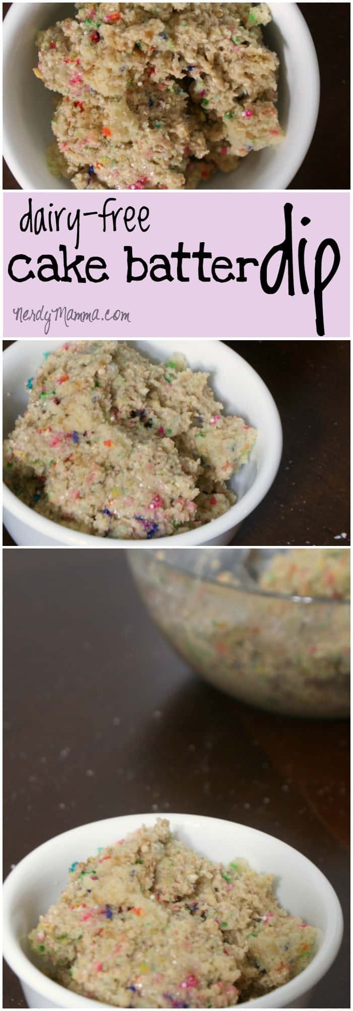 This cake batter dip is so yummy. I can't believe it's dairy-free and egg-free and gluten-free. Just awesome. And SO yummy!