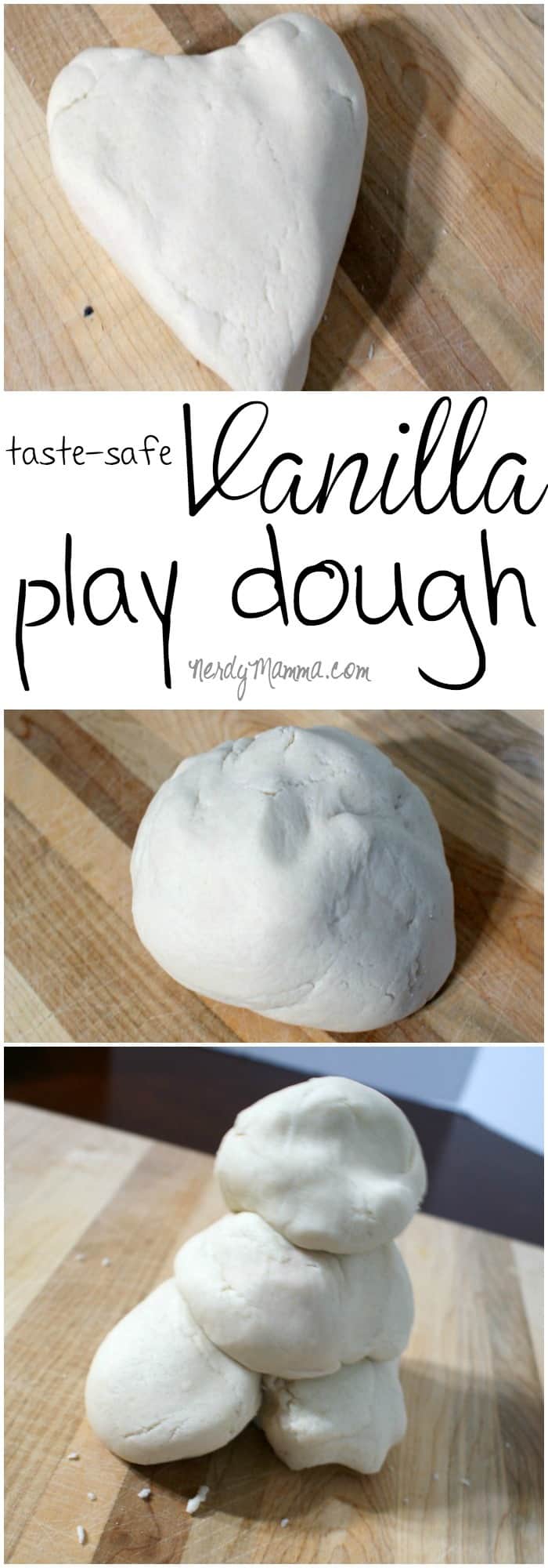 This recipe for taste-safe vanilla play dough is so ridiculously yummy smelling. I think it smells just like a nice cookie dough I want to EAT! LOL!