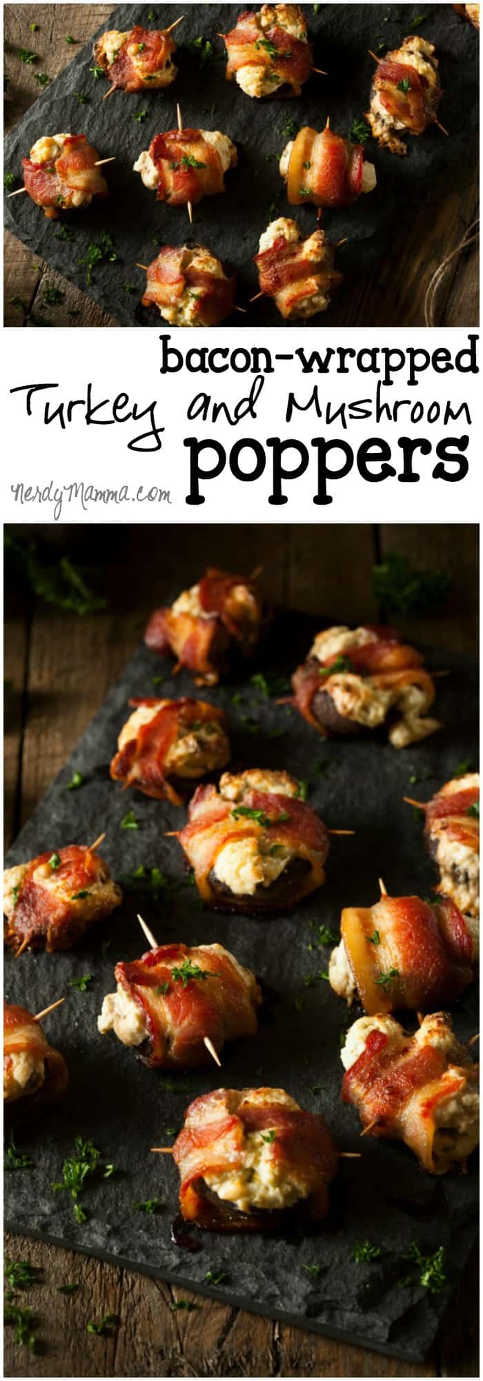 These delicious bacon-wraped turkey and mushroom poppers are the perfect appetizer recipe for a New Years party or just an awesome use of leftover turkey. LOVE!
