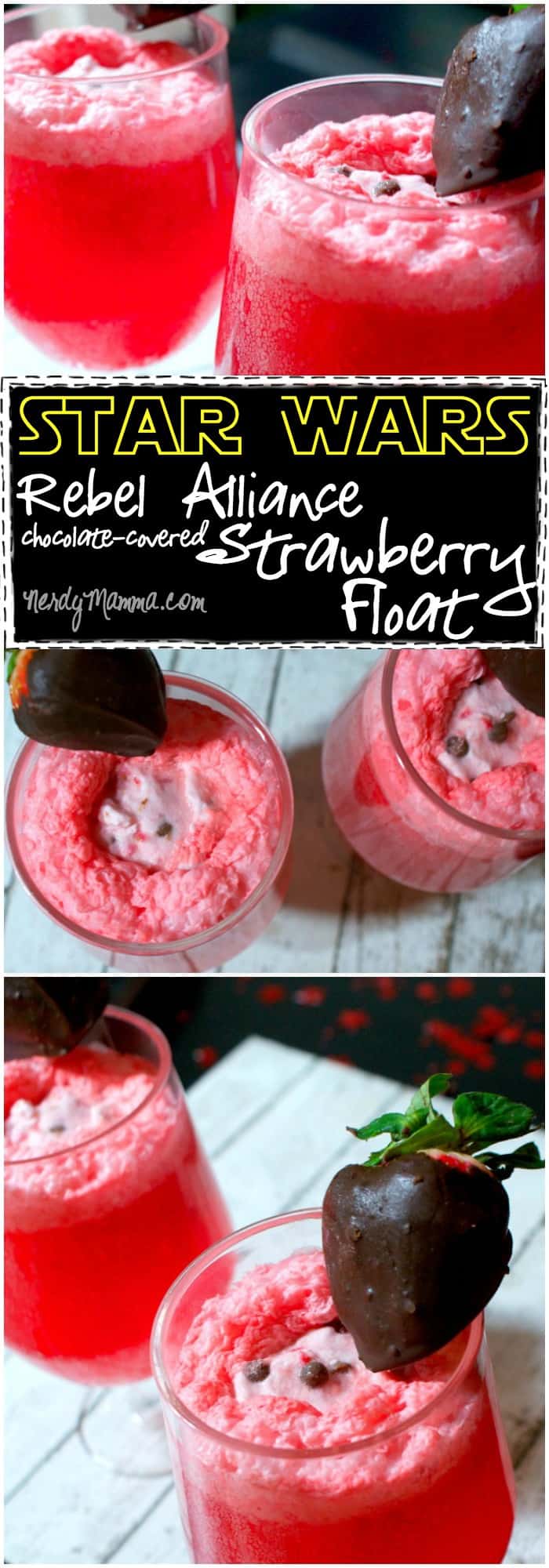 This Star Wars Rebel Alliance Chocolate-Covered Strawberry Float is like the YUMMIEST drink for a Star Wars party. No really. Like the best. So yummy, you won't want to share with the kids. LOL!