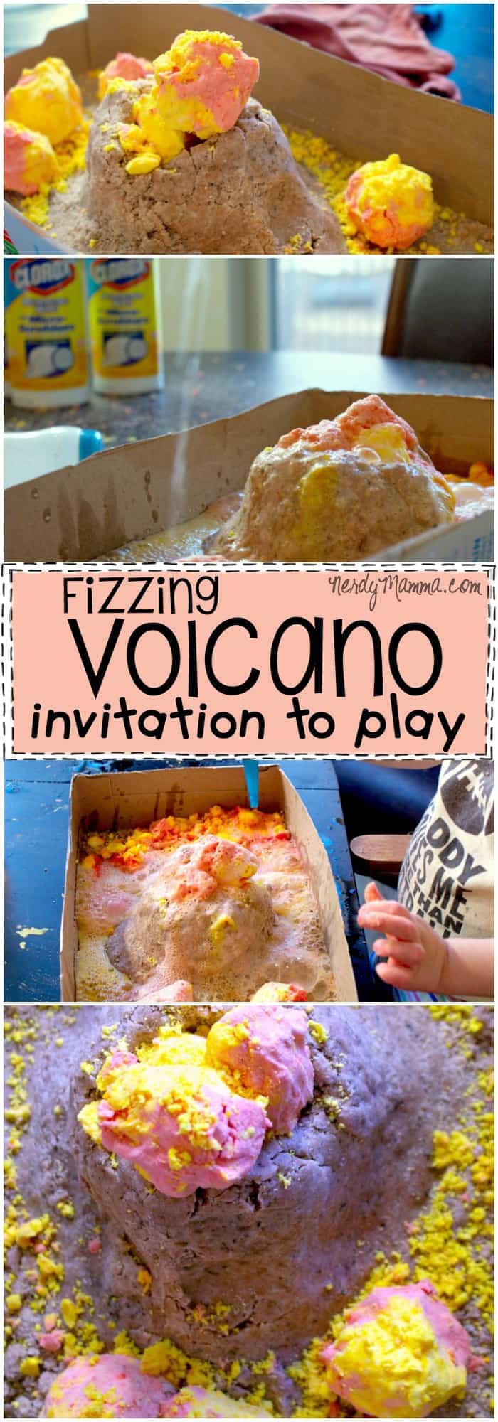 This awesome fizzing volcano invitation to play is so cool. Taste-safe for toddlers, even older kids could get into it. So fun!