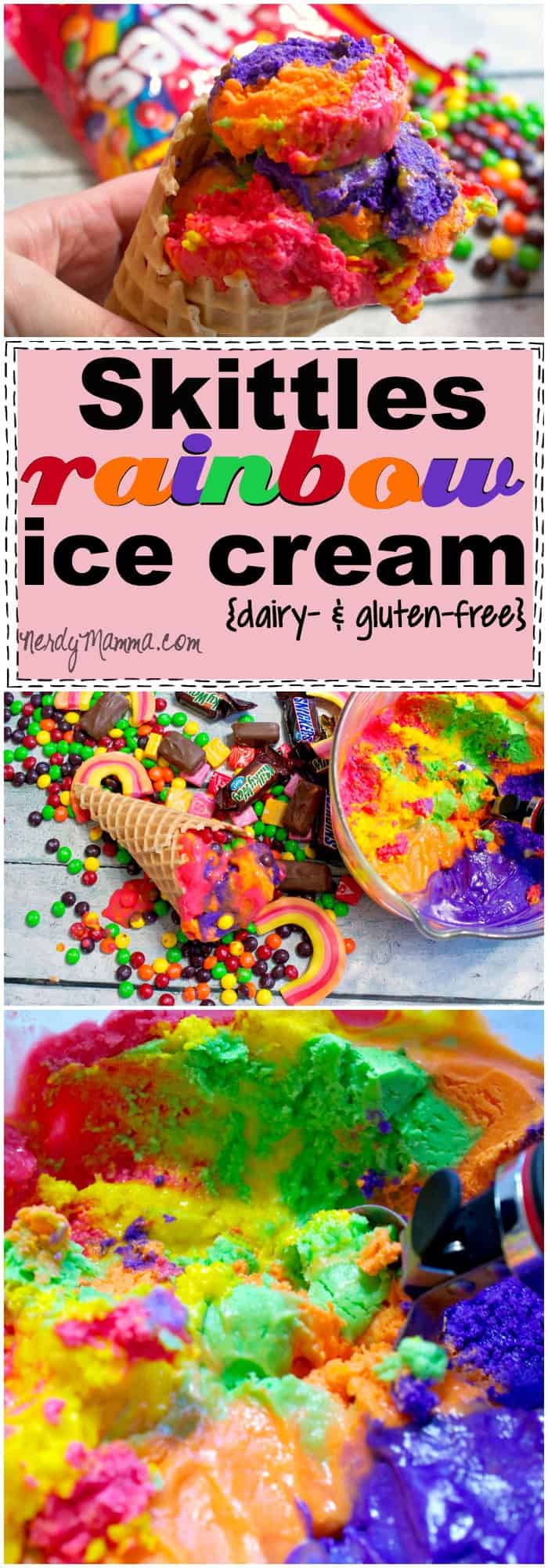 OMG! It's a recipe for Rainbow Ice Cream that totally tastes like Skittles. Holy awesome on a stick. And it's vegan, dairy-free and gluten-free. So. Awesome. With a unicorn on top. #ad #MakeSB50Sweeter #cbias