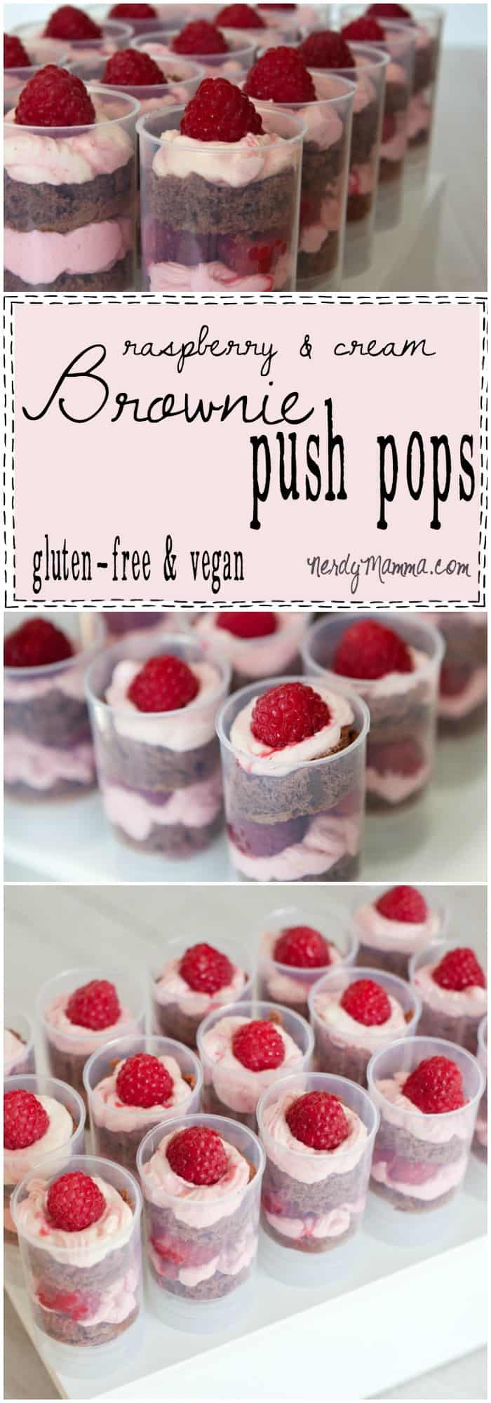 Oh my gosh, I LOVE this recipe for Gluten-Free & Vegan Raspberry and Cream Brownie Push Pops...So easy, looks so very yummy. I just need.
