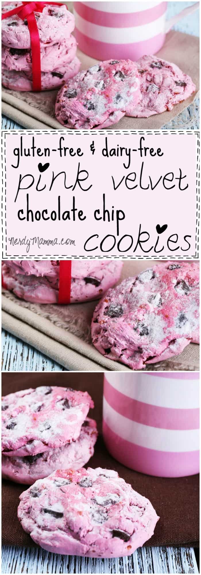 These gluten-free and dairy-free pink velvet chocolate chip cookies are so pretty. And they sound so yummy. I want a batch now.