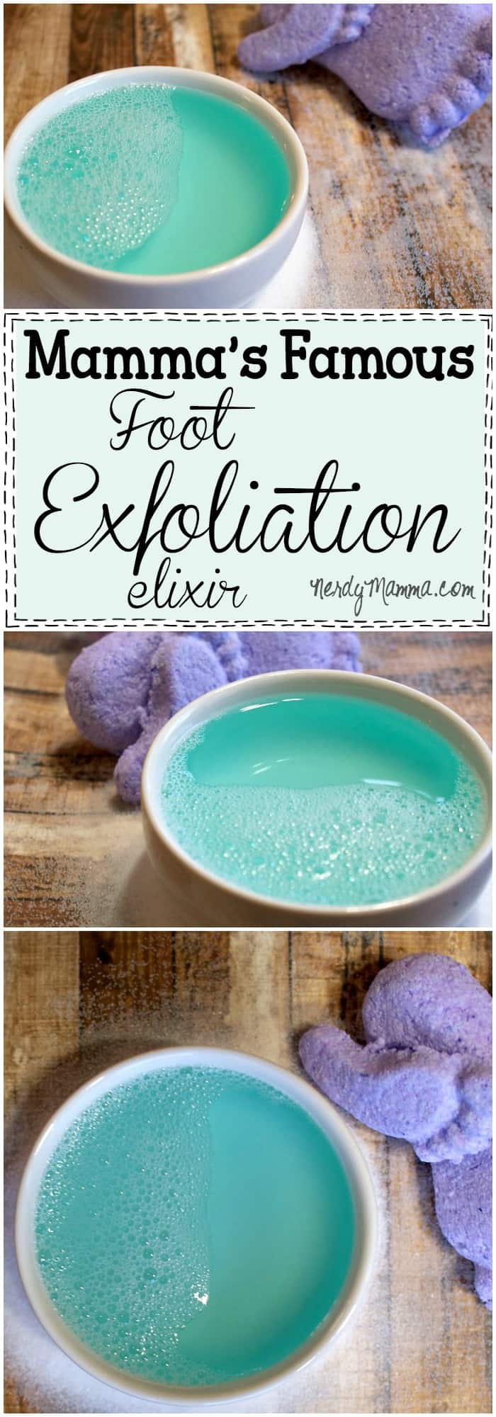 This is such an awesome recipe for an easy way to remove dead skin from your feet. I LOVE it. Mamma's Famous Foot Exfoliation Elixir. So silly, but it really works