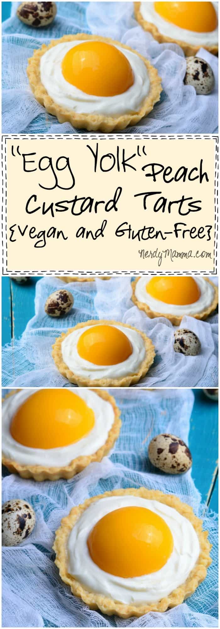 This is a HILARIOUS dessert for the Easter table. I mean, Egg Yolk Peach Custard Tarts that have no egg, no dairy and are totally gluten-free. LOL!