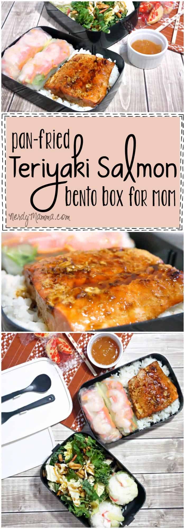 This recipe for Pan-Fried Teriyaki Salmon is so easy. And it's perfect for a grown-up bento box lunch for mom! LOL!