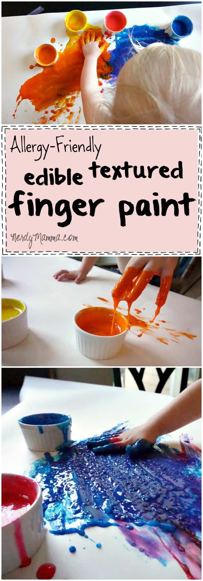 I absolutely love this easy recipe for gluten-free (and other allergy-friendly) edible textured finger paint. It's so ridiculously easy!