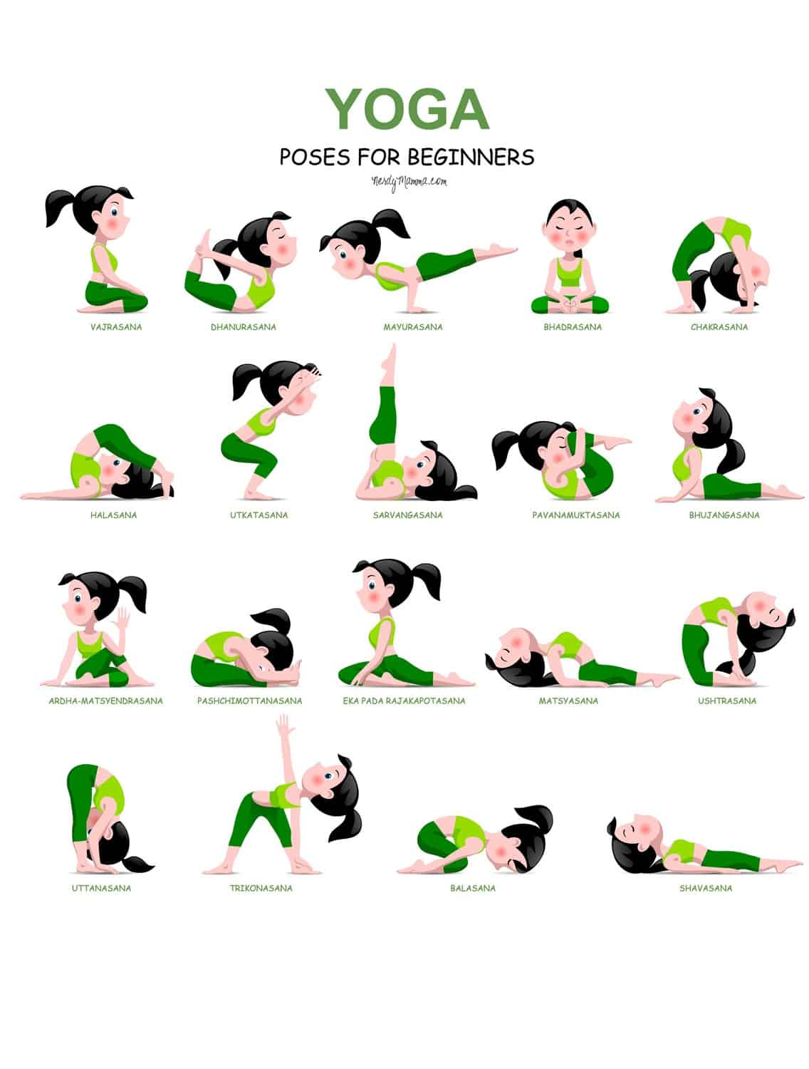 20 Easy Yoga Poses for Beginners with a Free Printable - Nerdy Mamma