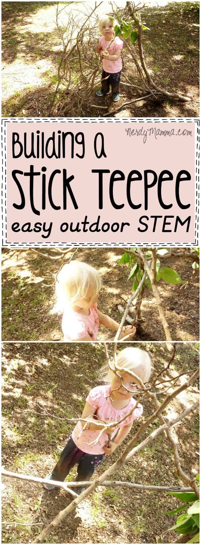 I love this idea for an easy outdoor STEM project! So much fun this toddler is having building a stick teepee! Who knew! LOL!