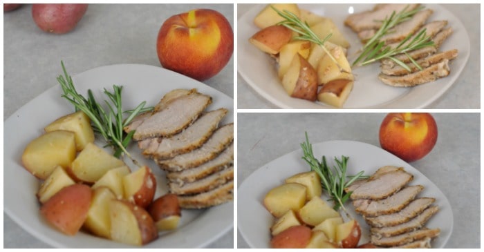 This easy roasted peaches & pork loin one pot crockpot meal is delicious and super simple! It only takes 15 minutes to throw in the crockpot!