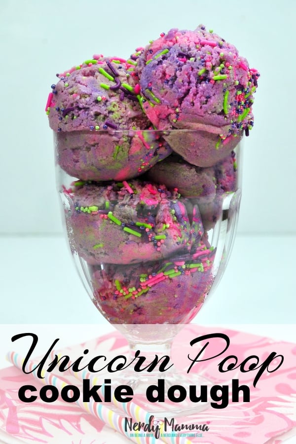 Snack time just got epic. the unicorn ate the rainbow--and now there's a big, heaping scoop of Unicorn Poop Cookie Dough ready to be served-up and enjoyed. Snack time is anytime with this amazing treat--for freaking real. #nerdymammablog #unicorn #cookiedough #unicorntreat #unicornfood #unicorncookiedough