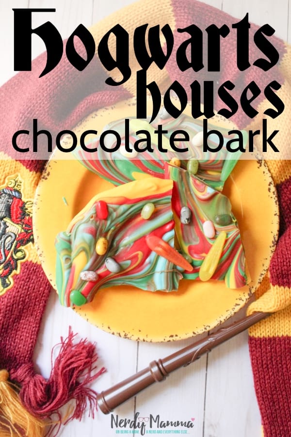 Professor Lupin's secret weapon against the Dementors was no joke. Look at ladies with PMS. A little chocolate goes a long way. And this Harry Potter Hogwarts Houses Chocolate Bark will go a long way too, to perking anyone up at a Quiddich Game--even if Dementors are stationed around the school. #nerdymammablog #harrypotter #hogwarts #chocolatebark