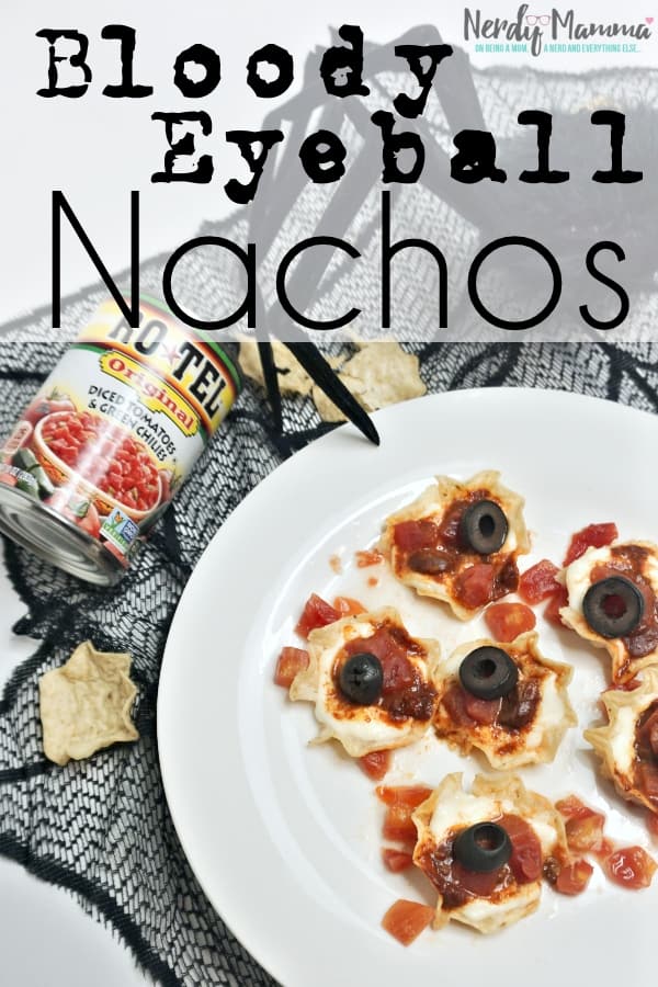 #ad Check out this vision of a savory snack, Bloody Eyeball Nachos. Get your eyeful and then let's get ready to rock...It's time to #RotelDareToDip so let's do this. #nerdymammablog #collectivebias #halloween #nachos