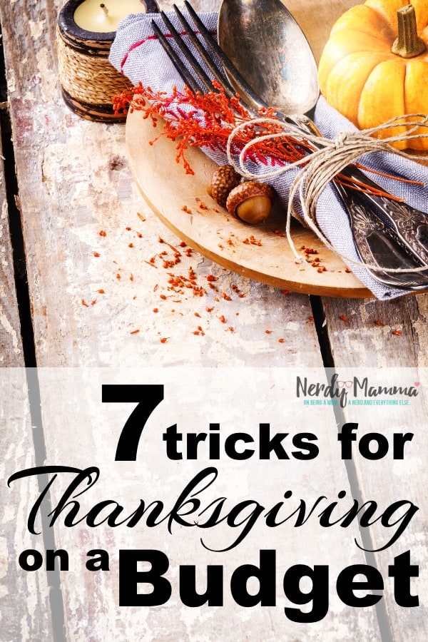Hosting Thanksgiving dinner can be a little daunting--especially when you whip-up a budget and see all those dollar signs for ONE MEAL. But it doesn't have to be that bad. Here's 7 Tricks for Serving Thanksgiving on a Budget that really will bring down that bottom line. #nerdymammablog #thanksgiving #savingmoney