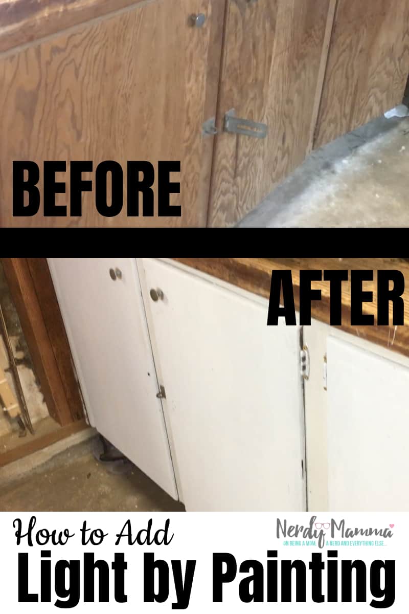 My workshop was a veritable dungeon because it was so dark. This is How to Improve Lighting In Your Workshop by Painting Cabinets. Because WOW! It really does make a difference. #nerdymammablog #diy #homeimprovement