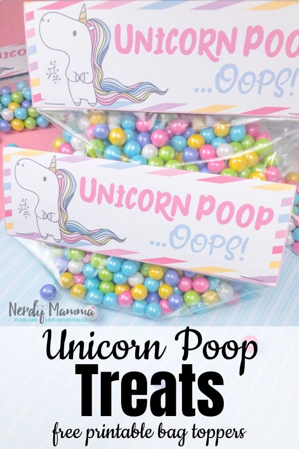 I had an idea for a cute Valentines gift for older kids to give each other. Introducing the DIY Unicorn Poop Treats with Free Printable Bag Toppers. #nerdymammablog #valentines #unicorn