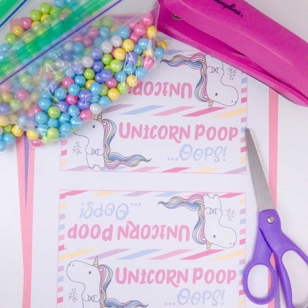 I had an idea for a cute Valentines gift for older kids to give each other. Introducing the DIY Unicorn Poop Treats with Free Printable Bag Toppers. #nerdymammablog #valentines #unicorn