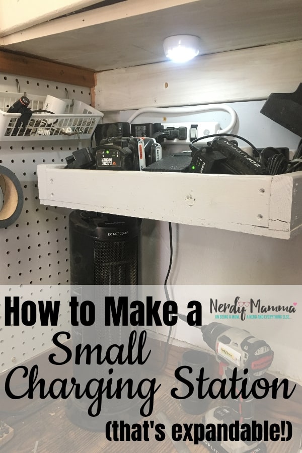 It's made from scrap wood and a few screws and so easy it's not funny, This is How to Make a Small Charging Station (that's Expandable!). #nerdymammablog #diy #workshoporganization