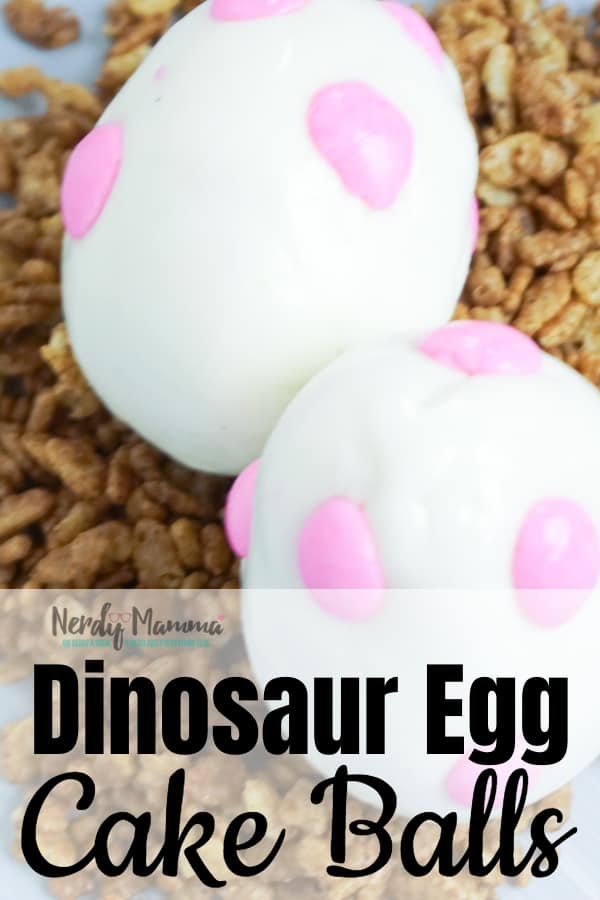 My kid wanted a dinosaur birthday party and so I made her these Adorable Dinosaur Egg Cake Balls for a Dinosaur Party that she just absolutely LOVED! #nerdymammblog #dinosaurparty #dinosaurcake #dinocake #dinosaurnest #dinosaureggs