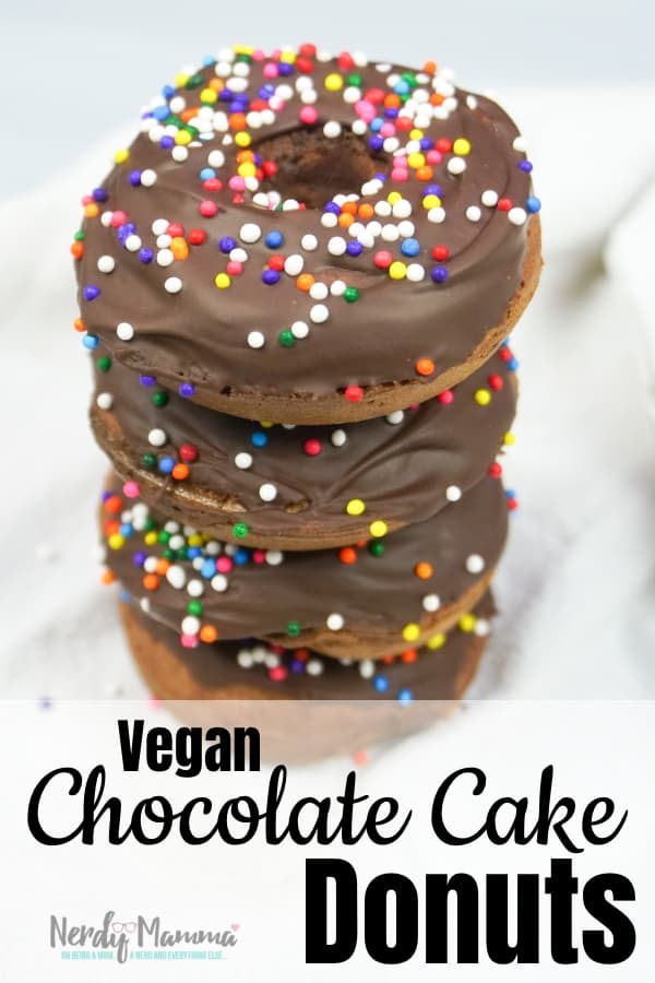 Oh, how I love a good donut. But, with our dietary restrictions, coming by one that's good--not always easy. So I made these Vegan Chocolate Cake Donuts that are so flavorful and fun, it's better than hitting the donut store! #nerdymammablog #vegan #vegandonut #vegandonutrecipe #donutrecipe