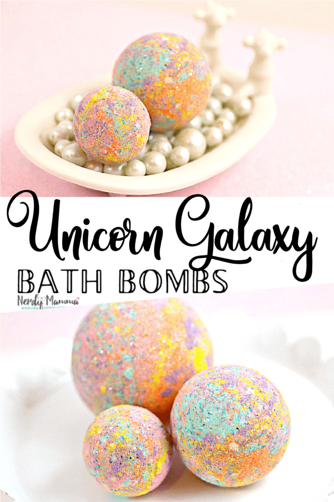 photo collage of unicorn bath bombs with text which reads unicorn galaxy bath bombs