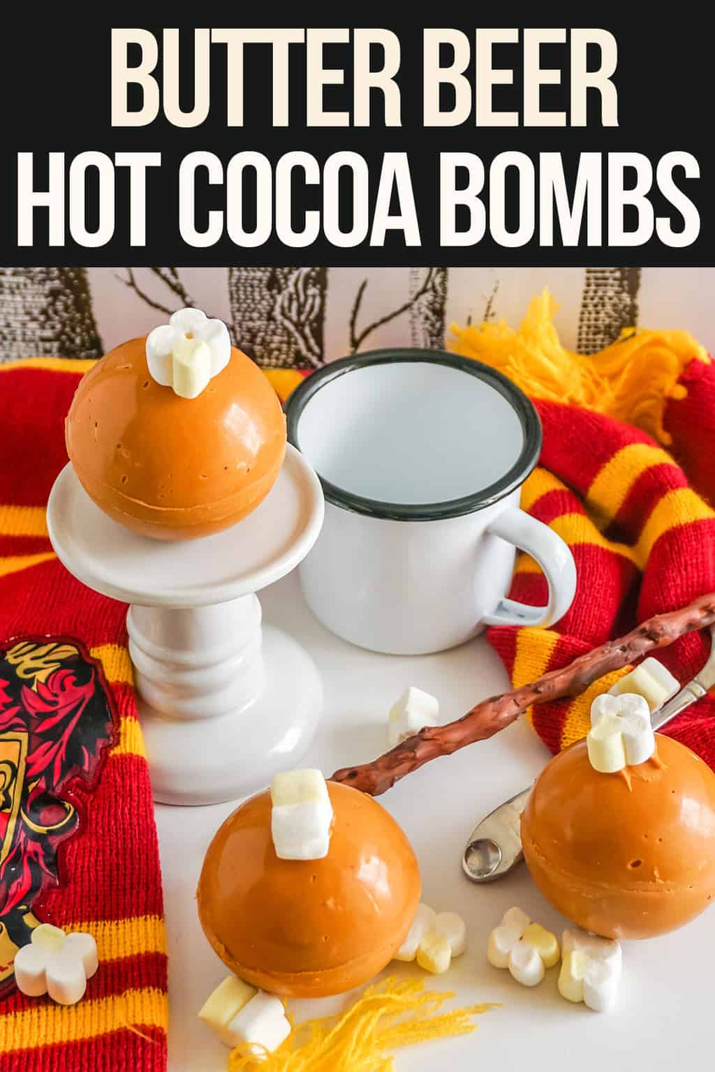 butterbeer hot chocolate bomb recipe with text which reads Butterbeer hot cocoa bombs