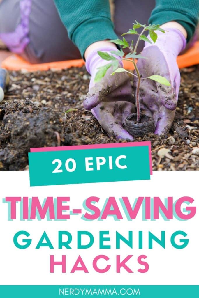 time-saving gardening hacks with text which reads 20 epic time-saving gardening hacks