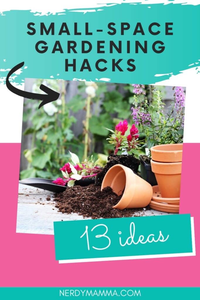 small space gardening ideas with text which reads small-space gardening hacks 13 ideas