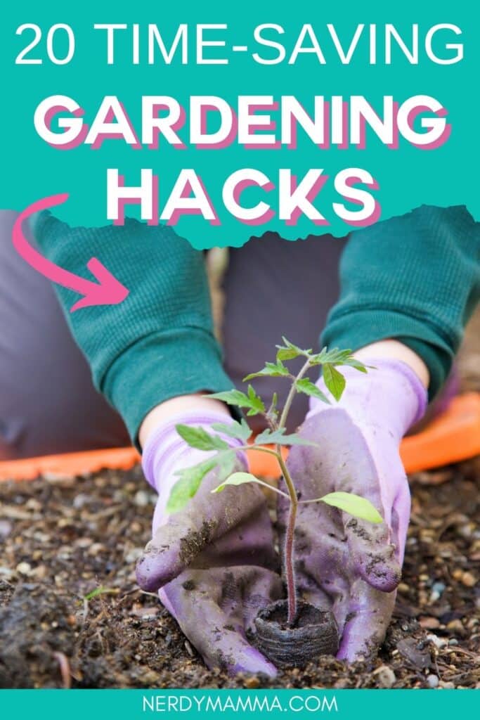 time-saving hacks for the garden with text which reads 20 time-saving gardening hacks