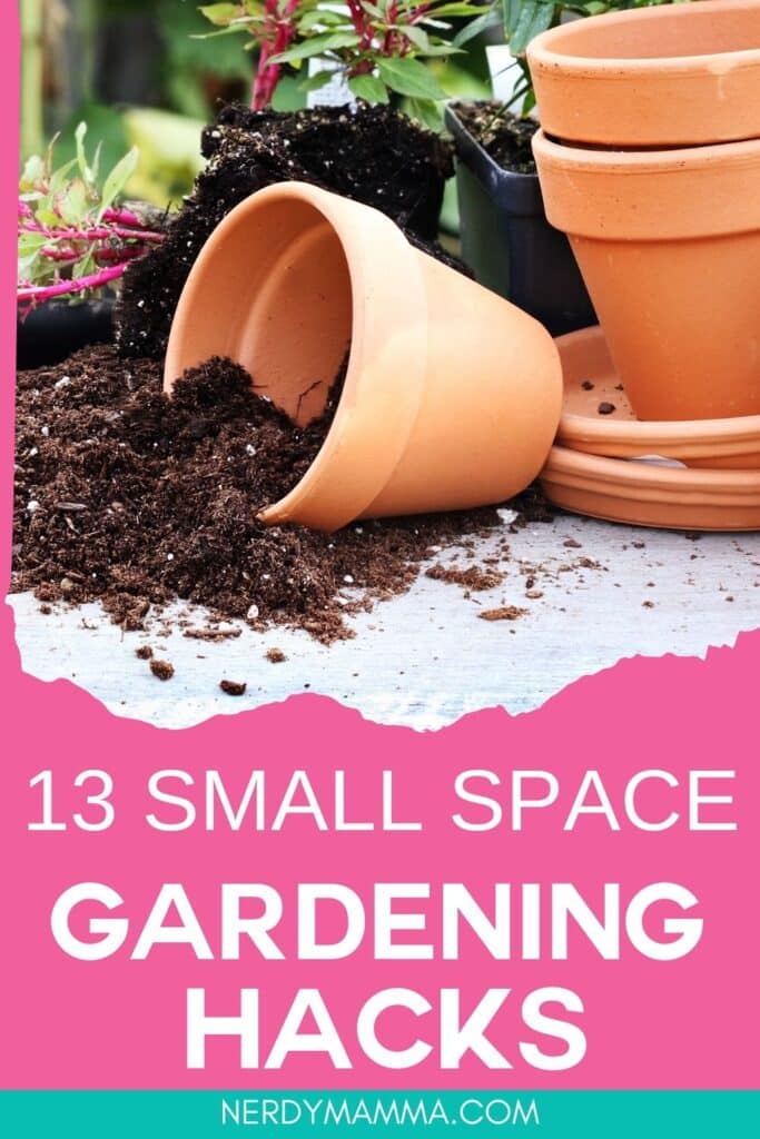 tiny garden ideas with text which reads 13 small space gardening hacks