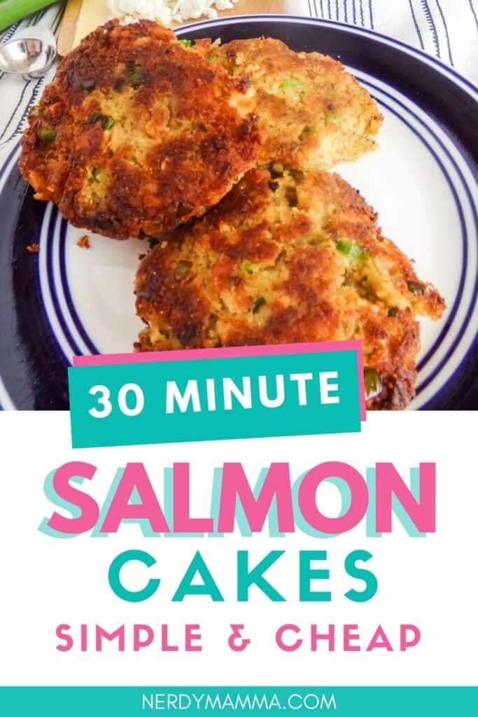 salmon cakes with text which reads 30 minute salmon cakes simple & cheap