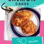 plate of salmon cakes with text which reads easy & cheap salmon cakes 30 min