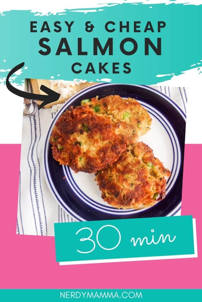 plate of salmon cakes with text which reads easy & cheap salmon cakes 30 min