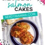 overhead view of salmon cakes with text which reads cheap & easy salmon cakes