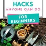 gardening tools with text which reads gardening hacks anyone can do for beginners