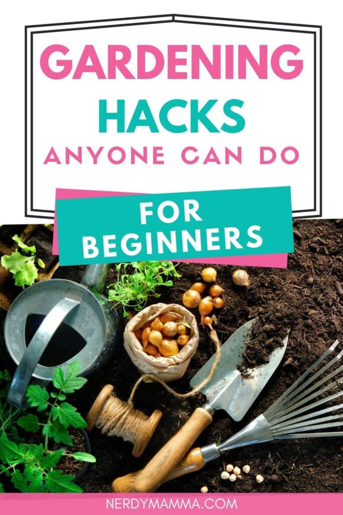 gardening tools with text which reads gardening hacks anyone can do for beginners