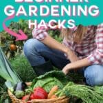 garden harvest in a basket with text which reads 15 epic beginner gardening hacks