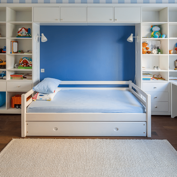 Kid's room in a modern style with striped blue-white walls