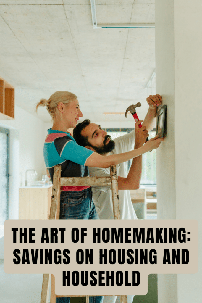 A photo of a young couple having a home improvement and hanging photo on the wall // DIY with a text