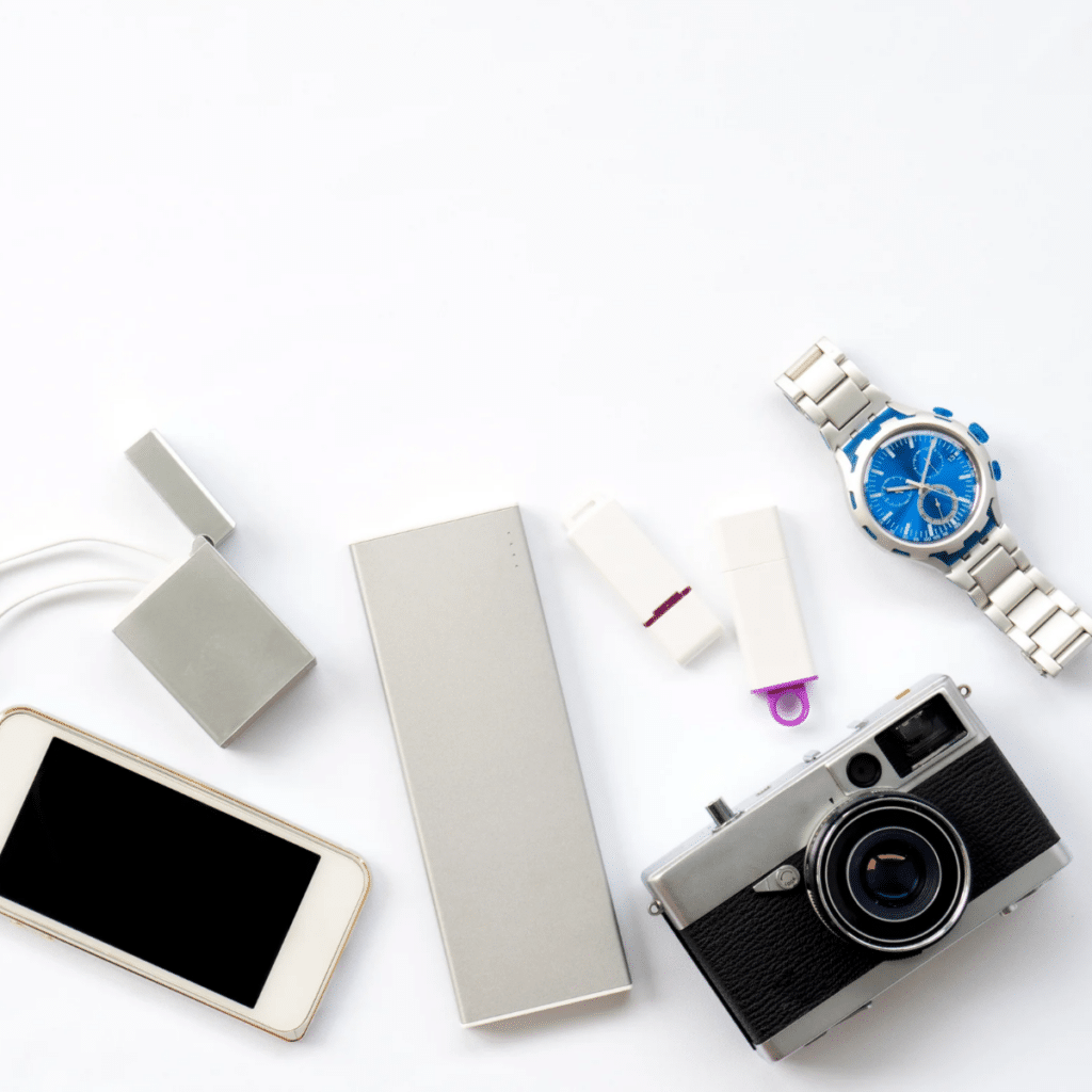 First lay, technology photo, smart device photo with props are smartphone, watch, powerbank