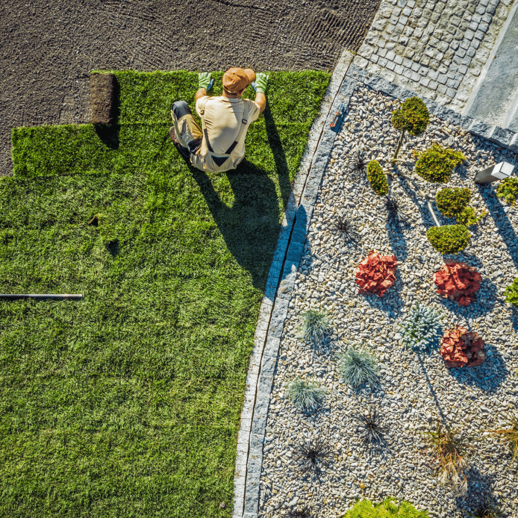 Aerial view of male gardener laying rolls of sod in large area of residential backyard