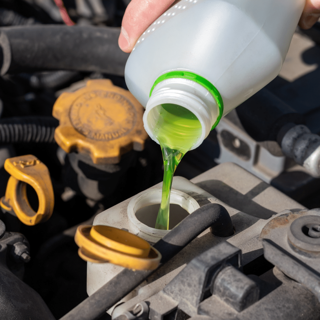 Hand with bottle pouring antifreeze coolant into expansion tank