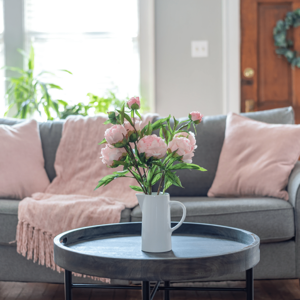 Gray and pink home decor for spring in the living room