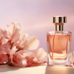 a picture of elegant perfume bottle with a flower beside it