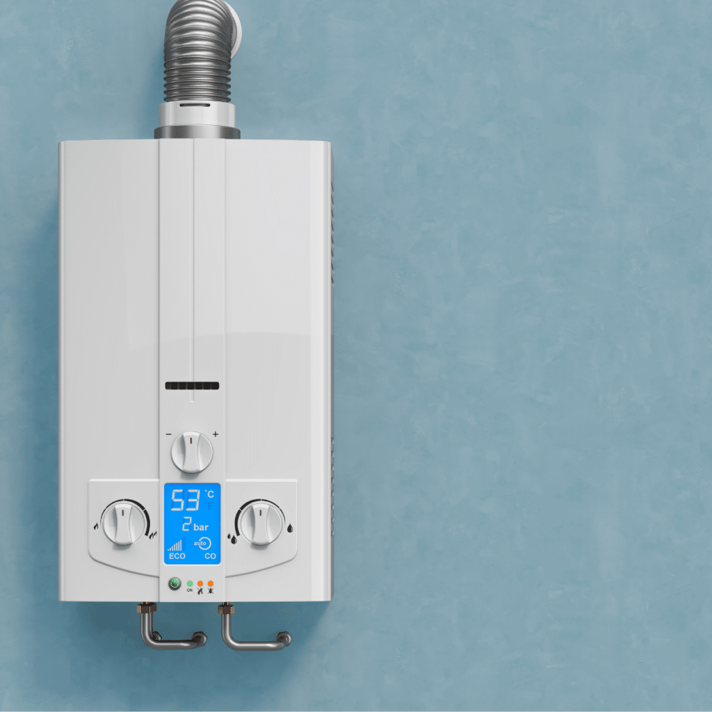 Gas boiler, water heater on the blue wall. 3D rendering.